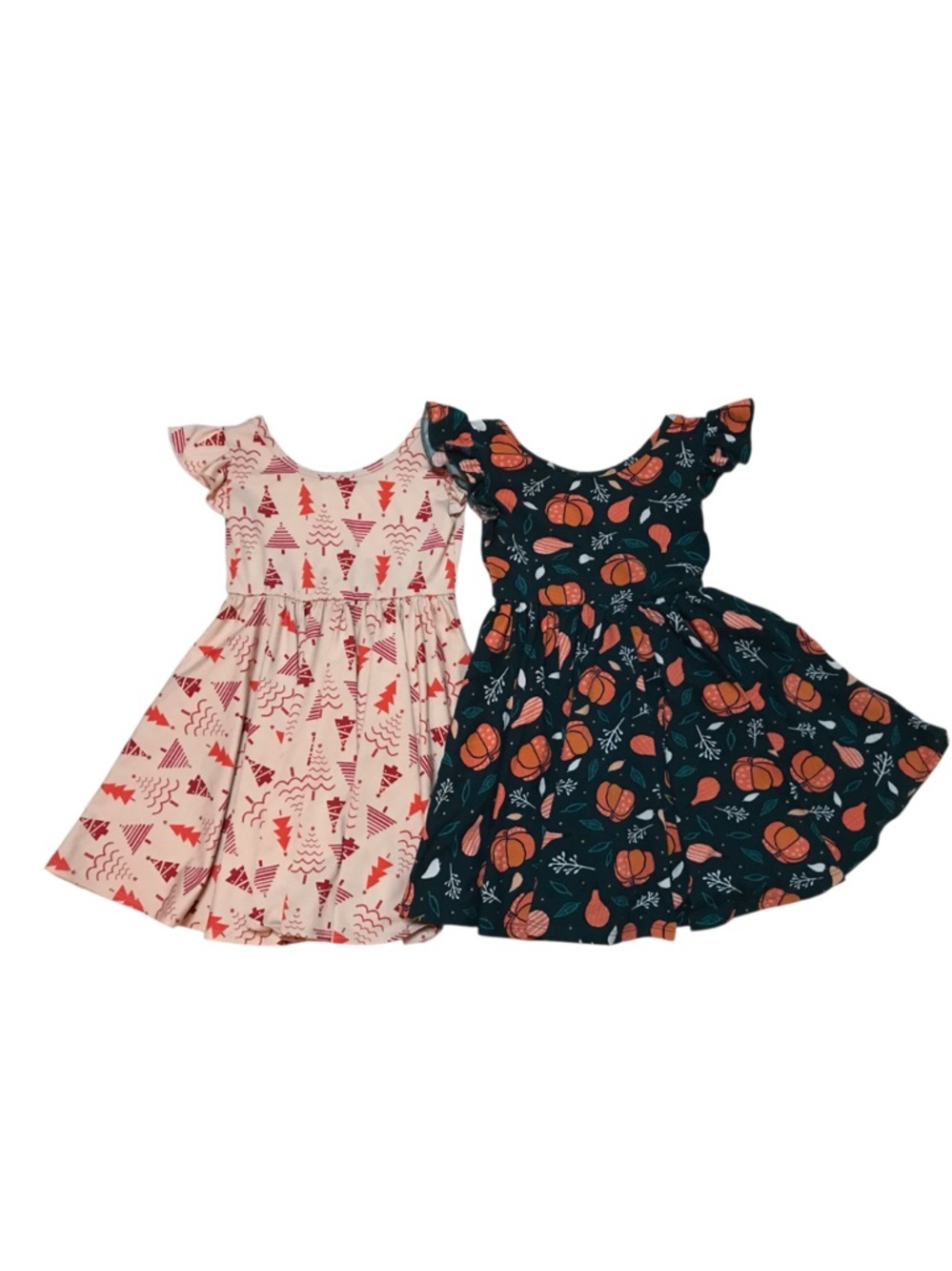 Girls' Holiday Print Flutter-Sleeve Dress Christmas trees and fall pumpkins 2T